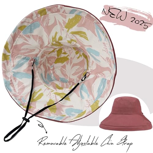 Womens Sun Hats Wide Brim Reversible Bucket Cotton Hat Packable Summer Travel Cap with Hat Clip