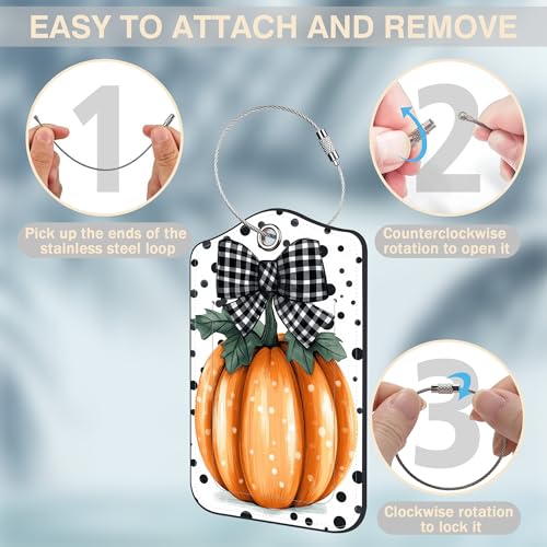 2 Pcs Pumpkin with Checkered Bow Luggage Tags for Suitcases Polka Dots PU Leather Baggage Tags Name ID Label with Privacy Cover and Stainless Steel Loop for Men Women Travel Bag Suitcase (2 Count)