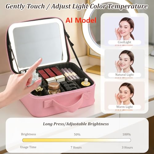 Travel Makeup Bag with Mirror & 6 Adjustable EVA Dividers