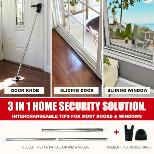 3-in-1 Door Security Bar, Security Door Stoppers & Door Barricade – Heavy Duty Adjustable Iron Security Lock Bar for Home Defense, Apartment & Travel Safety (1 Pack - Chrome)