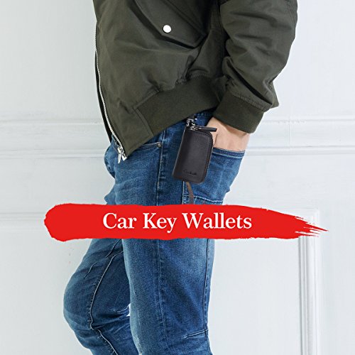 Genuine Leather Car Key Keychain Holder Metal Hook and Keyring Zipper