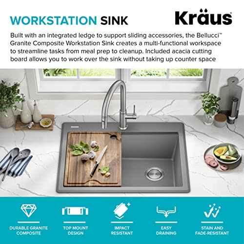 Bellucci 28 inch Granite Workstation Drop In Top Mount Single Bowl Kitchen Sink in Metallic Grey with Accessories