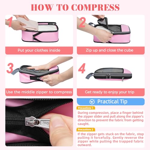 4 Set/6 Set/8 Set Compression Packing Cubes Travel Accessories Expandable Packing Organizers (Half Mesh, 6-Pink)