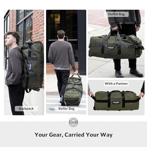 45/80/100L Rolling Duffel Bag with Wheels, X-Large Durable Travel Duffle + Toiletry Bag, Heavy Duty, Packable with Shoulder Straps- Use as Luggage or Backpack, Men/Women (Green)