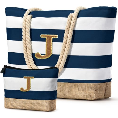 Beach Bag Initial Beach Tote with Makeup Bag for Travel