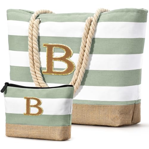 Beach Bag Initial Beach Tote with Makeup Bag for Travel Work Storage Personalized Birthday Gifts for Women Her