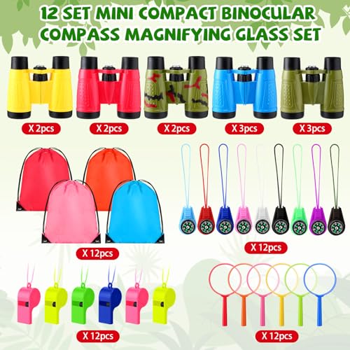 12 Set Binocular Compass Magnifying Glass Set Christmas Birthday Gift Small Telescope Binocular with Whistle Bag for Outdoor Exploring Stocking Stuffer (12 Count)