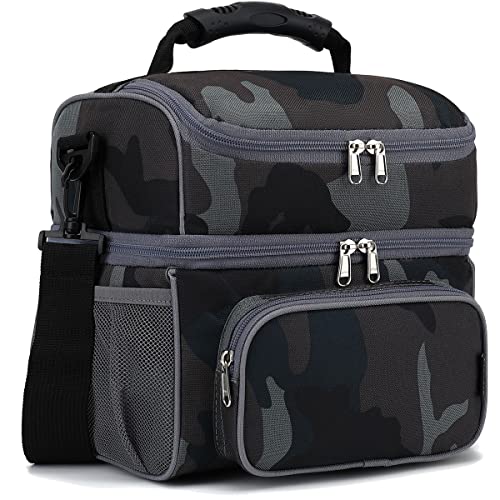 Double Layer Cooler Insulated Lunch Bag Adult Lunch Box Large Tote Bag for Men (Black#Camo)