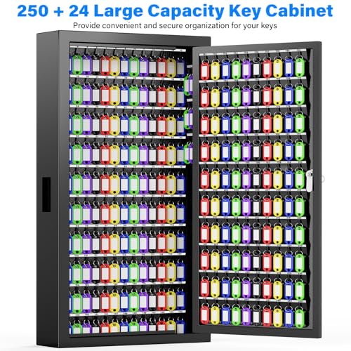 250 Keys Key Lock Box Wall Mount with Additional 24 Side Hooks and Key Tags