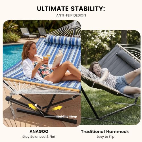 Double Hammock with Stand 500lbs Heavy Duty Outdoor Two Person Blue