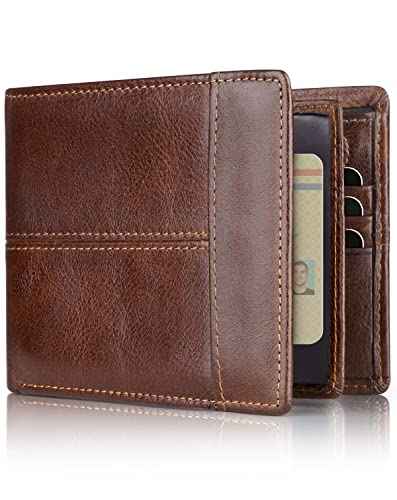 Wallet for Men RFID Blocking Genuine Leather Mens Wallets Bifold with 1 ID Window 15 Card Slots coffee brown