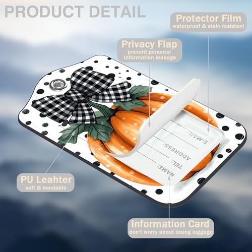 2 Pcs Pumpkin with Checkered Bow Luggage Tags for Suitcases Polka Dots PU Leather Baggage Tags Name ID Label with Privacy Cover and Stainless Steel Loop for Men Women Travel Bag Suitcase (2 Count)