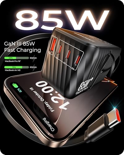 85W Universal Travel Adapter with Retractable USB C Cable
