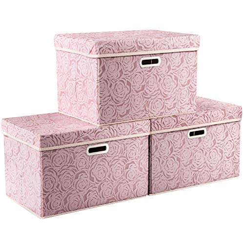 Larger Collapsible Storage Boxes with Lids Fabric Decorative Bins Cubes Organizer Containers Baskets Handles Divider for Bedroom Closet Living Room Pink 17.7x11.8x11.8 Inch 3 Pack (3 Count)