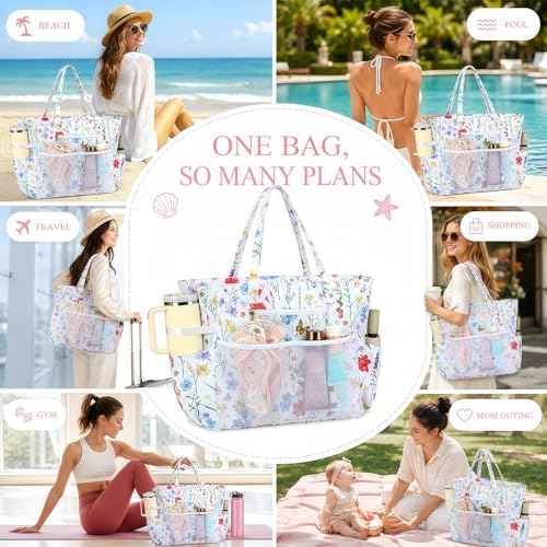 Waterproof Beach Tote Pool Bags for Women Ladies Extra Large Carry On Bag With Wet Compartment for Weekender Travel