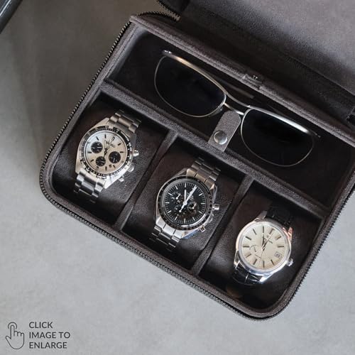 Watch Case 3 Slot Genuine Top Grain Leather Watch Box for Men & Women with Extra Wide Pillows for Large Watches and Compartment for Accessory Storage