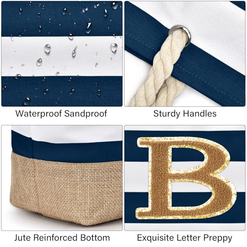 Beach Bag Initial Beach Tote with Makeup Bag for Travel Work Storage Personalized Birthday Gifts for Women Her