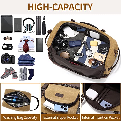 Nerlion Weekender Bag with Shoe Compartment Large Overnight Bag for Men Canvas Genuine Leather Carry on Luggage Bag Travel Duffel Bag