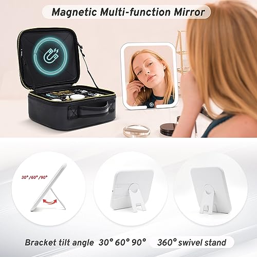 Makeup Bag with Magnetic Detachable Lighted Mirror 360° Swivel Angle