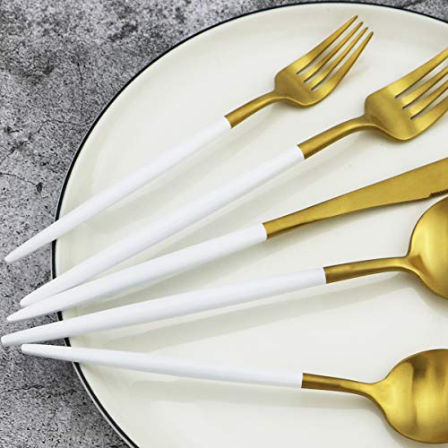 20-Piece 18/10 Stainless Steel Flatware Silverware, Luxury Dinnerware Set Travel Cutlery Tableware Include Knife Fork Spoon Service for 4, Dishwasher Safe (White Handle Matte Gold) (4 Count)