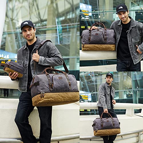 Nerlion Weekender Bag with Shoe Compartment Large Overnight Bag for Men Canvas Genuine Leather Carry on Luggage Bag Travel Duffel Bag