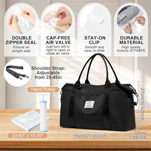 Large Gym Bag for Women Carry on Duffel 18 x 14 x 8 inches Spirit Airlines Travel Essentials Bag Weekender Space Saver Clothes Vacuum Storage Bags with hand pump