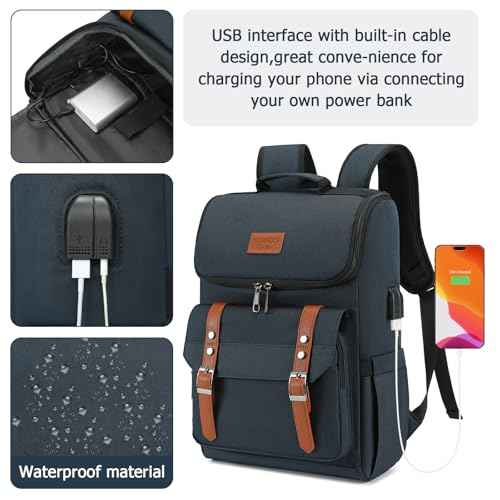 Vintage Backpack Travel Laptop Backpack with usb Charging Port for Women & Men College Backpack Fits 15.6 Inch Laptop Blue Brown