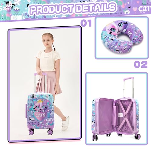 Cute Cat Kid's Luggage Set 2 Piece Suitcase Set 16" Hardside Luggage with Spinner Wheels Girls Carry on Toddler Travel Rolling Luggage Airline Approved (2 Count)