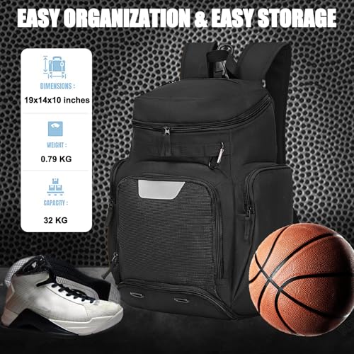 Large Basketball Backpack Sports Gym Bag with Ball Holder Ventilated Shoe Compartment Insulated Cooler Pockets Reflective Strips Fence Hook for Men Athletic Training