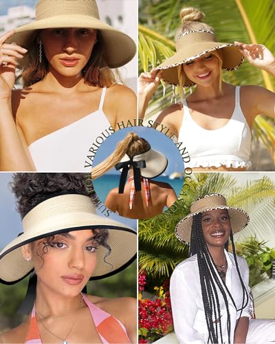 Women's Straw Sun Visor Hat UPF Wide Shade Ponytail Summer Hat