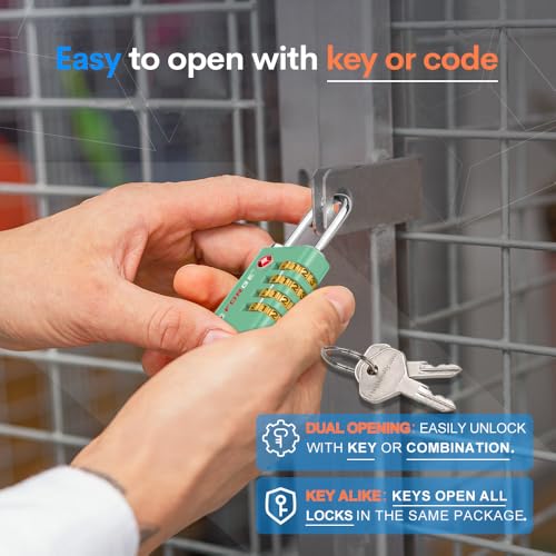 Dual-Opening: Key or Combination Access Lock, TSA Approved Locks for Luggage, Pelican case, Travel, Gym, School, Stainless Steel Shackle. (Green, 4 Pk) (4 Count)