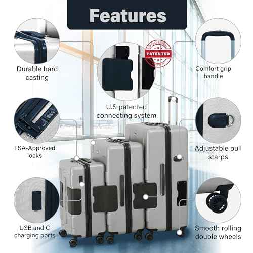 Patented Connecting Hard Shell 3 Piece Luggage Set (3 Count)