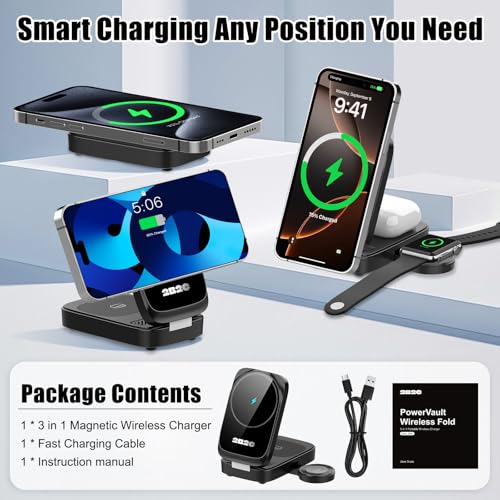 3-in-1 15W Magnetic Charger for iPhone, Apple Watch & AirPods, Black