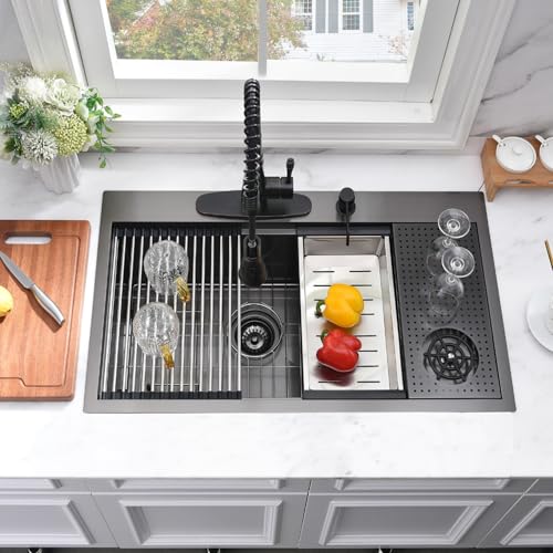 33x19 Black Drop In Kitchen Sink with Cup Washer Workstation Sink