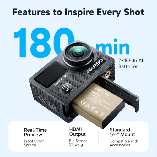 Brave 4 Action Camera 4K30fps with 256GB MicroSD U3 Card Bundle (2 Batteries, 1 Card)