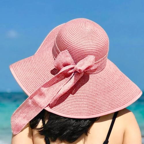 Womens Bowknot Straw Hat Large Foldable Beach Sun Hat Roll up UPF 50+