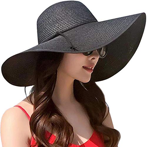 Women Twine Wide Brim Straw Hats Big Floppy Summer Hat Foldable Roll up Cap Beach Sun Hat UPF 50+