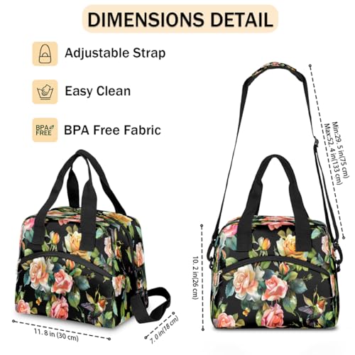 Flower Floral Insulated Lunch Bag for Women Girl Reusable Lunch Tote Box With Shoulder Strap Lightweight Thermal Cooler Meal Prep Bag for Work School Office Picnic (print 11)
