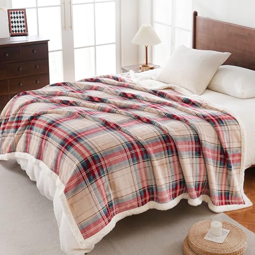 Sherpa Fleece Throw Blanket 60" x 80" Reversible Plush Fluffy Large Big Blanket Lattice Flannel Blankets for All Season Use