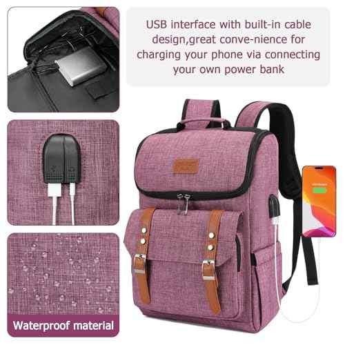 Vintage Backpack Travel Laptop Backpack with usb Charging Port for Women & Men College Backpack Fits 15.6 Inch Laptop Purple Brown
