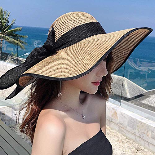 Womens Bowknot Straw Hat Foldable Beach Sun Hat Roll up UPF 54+