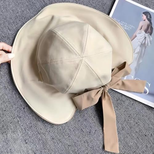 Wide Brim Hats for Woman Foldable Hats Sun Hats for Women uv Protection Bowknot Fishing hat Adjustable hat with Ponytail Hole Beige