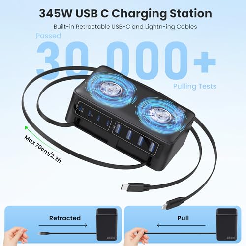 345W USB C Charger 10 in 1 Retractable Wall Charger with 2 Cables