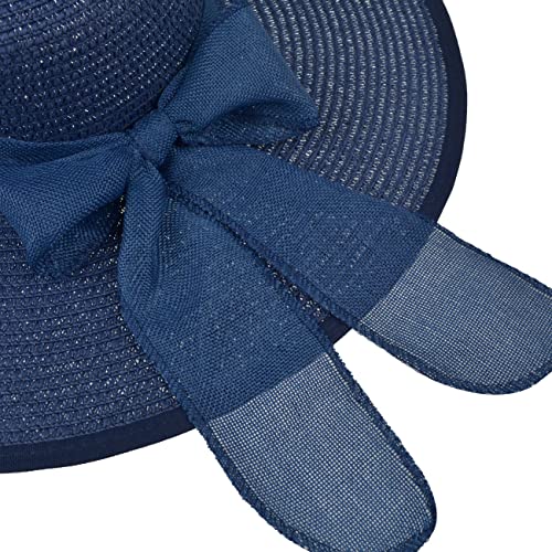 Women Wide Brim Bow Straw Hat Floppy Foldable Beach Sun Hat Roll up Cap UPF 50+