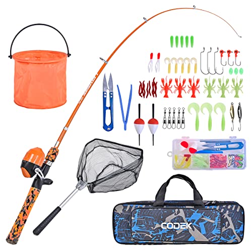 Kids Fishing Pole Set with Full Starter Kits 2 Set Portable Telescopic Fishing Rod and Spincast Reel Cambos with a Fishing Net and 2 Buckets for Boys Girls and Youth