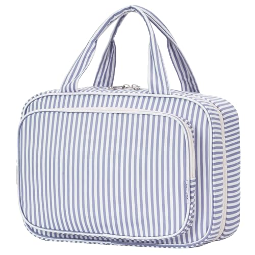 Striped Travel Toiletry Bag for Women Large Hanging Makeup Bag Organizer Toiletries Bag for Full Size Essentials Accessories Cosmetics
