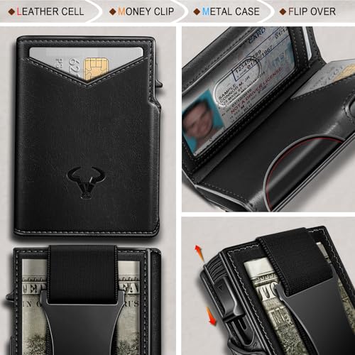 Men Slim Leather Wallet Metal Case Money Clip
