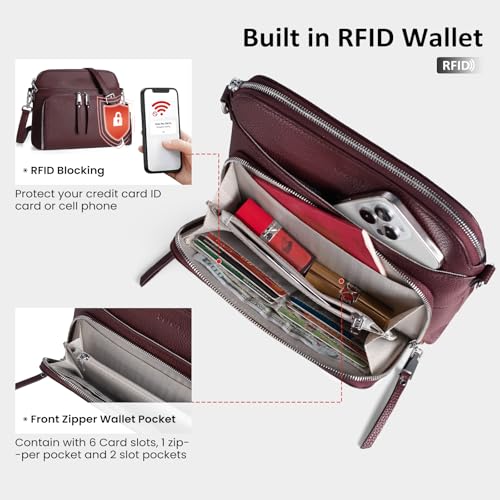 Genuine Leather Crossbody Bags for Women Travel Wallet Purse Burgundy