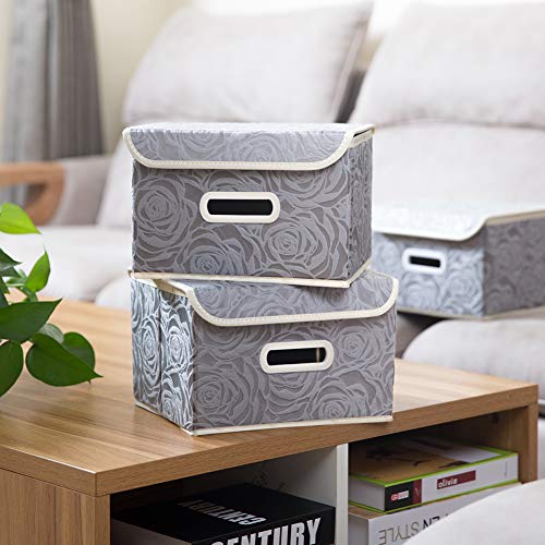 Collapsible Storage Boxes with Lids Fabric Decorative Storage Bins Cubes Organizer Containers Baskets with Cover Handles Divider for Bedroom Closet Living Room 9.8x7.9x6.7 Inch 3 Pack (3 Count)