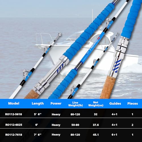 Saltwater Fishing Rod Heavy Duty Trolling Rod 2 Piece 6' Conventional Boat Standup Big Game Deep Sea Rod with Roller Guides (2 Count)